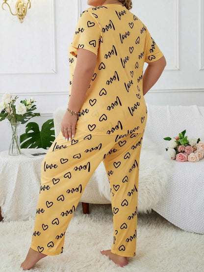 Women's Plus Size Sleepwear Heart Letters Print Pajama Set Casual Short-Sleeve Top and Pants Comfortable Relaxed Fit Loungewear