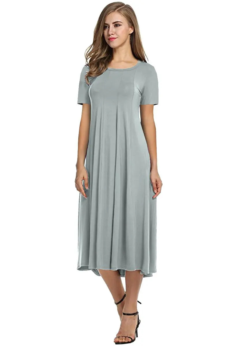 2026 European and American Summer Women's Round Neck Short Sleeve Solid Color Flared Dress