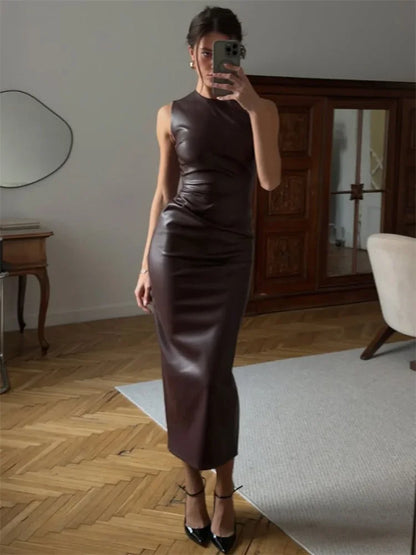 Sexy Maxi Dress - Women's Bodycon Slim Fit Sleeveless Patchwork Leather Ankle-Length