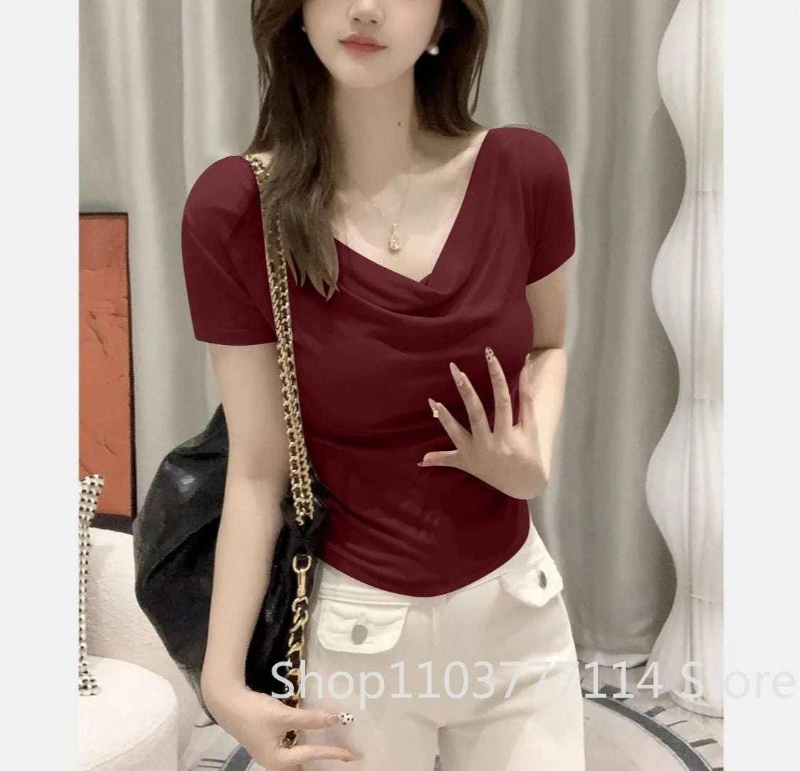 Summer Off Shoulder Top Women Summer Fashion Versatile Base Shirt Plus Size Slim Fit Short-sleeved T-shirt Casual and Sexy Beach