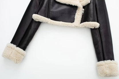 Faux Leather Jacket - Women's Winter Coat With Zipper Front & Turn-Down Collar