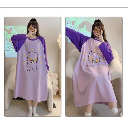 New Spring Summer Cotton Women's Pajamas Cute Long-sleeved Nightdress Cartoon Print Dress Home Service