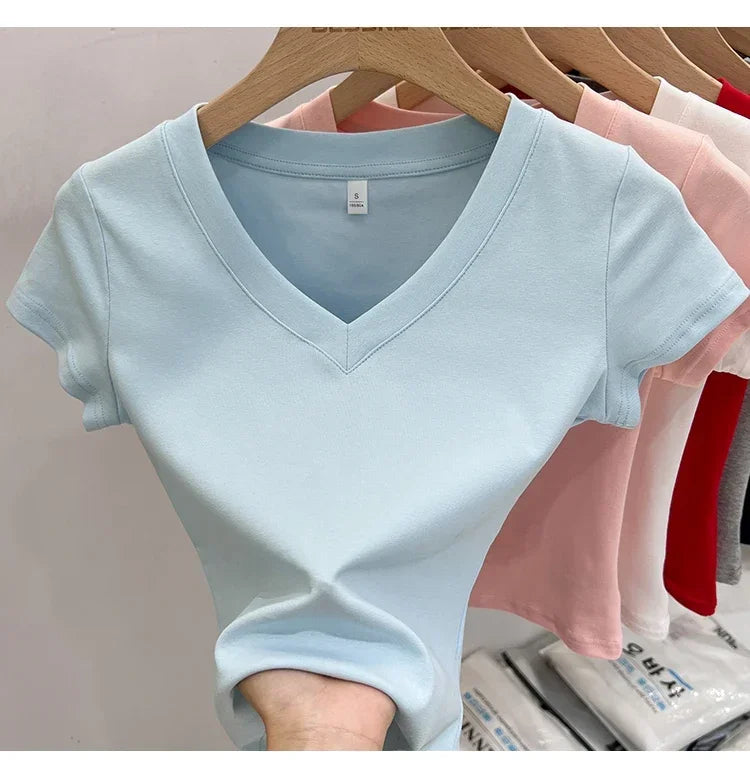 Summer Sexy V-neck Slim T Shirt Women Cotton Basic Solid Crop Tops Female Casual Tops Short Sleeve T-shirts 2026