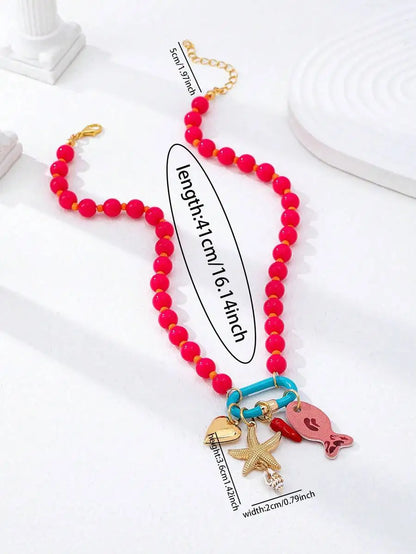 1pc Summer Beach Multi-Layer Resin Beaded Necklace, Colorful Fish & Starfish Charms, Boho Jewelry for Vacation & Beach Party