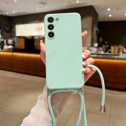 Crossbody Lanyard Soft Case For Samsung Galaxy S23 FE S25 Edge S26 S24 Ultra A17 A57 A37 A55 A56 A16 5G Liquid Silicone Cover