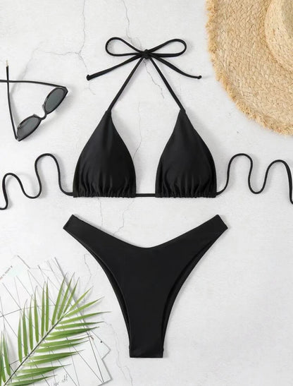 Womens Halter Thong Bikini - Sexy Lace-Up Brazilian Swimsuit in WhiteBlackCoffee - ZOOMNSTORE