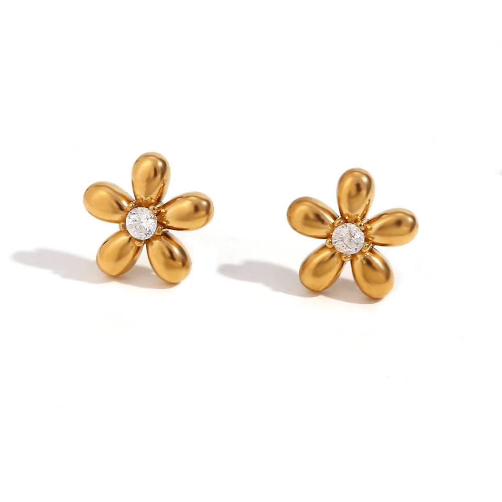 Mini Zircon Flower Crown Stud Earrings – 18K Gold-Plated Steel