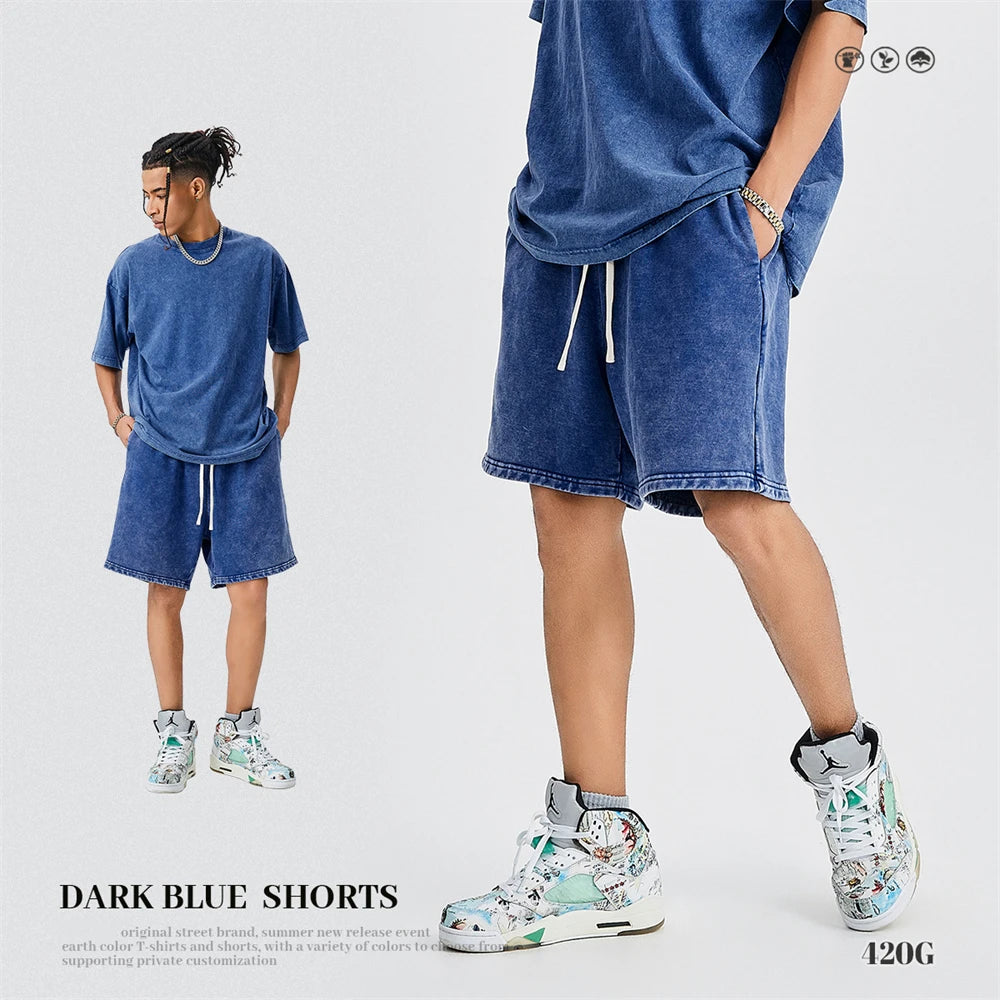 ZODF Trendy Batik Washed 420gsm Cotton Shorts For Men Retro Unisex Basic Heavy Weight Loose Solid Shorts Brand Bottoms HY0855