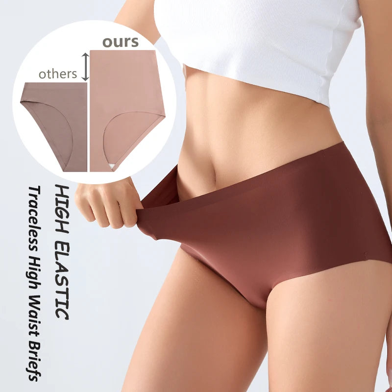 FINETOO 2Pcs/Set Summer Traceless Ice Silk Panties For Women Solid Color High Waist Underpants Female Breathable Sexy Lingerie