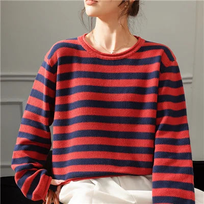 Fashion 100% pure cotton women's sweater autumn and winter casual striped knitted top loose Korean round neck women's pullover