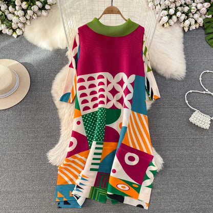 Miyake Pleated Drape Dress Women 2024 Spring Summer Colorblock Printing Lapel 3/4 Sleeve Single-breasted Fashion Shirt Dresses