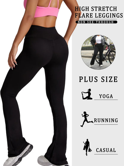 Plus Size Women's Super Soft High Waisted Flare Pants, Leggings Tummy Control Soft Bootleg Bell Bottoms Running