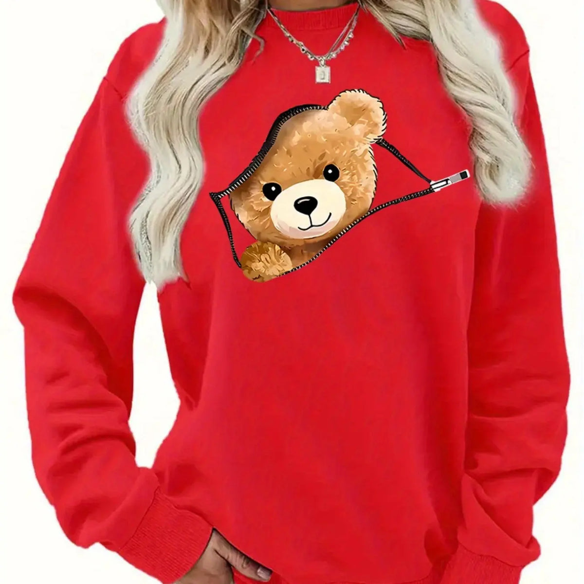 Women's Autumn and Winter Loose Casual Cartoon Zipper Bear Pattern Printed Velvet Long-Sleeved Round Neck Sweatshirt Pullover