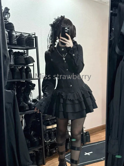 Spring Vintage Gothic Style Lace Up Dress Women Design High Street Black Lolita Slim Dresses 2025 Y2k Lace Long Sleeve Clothing
