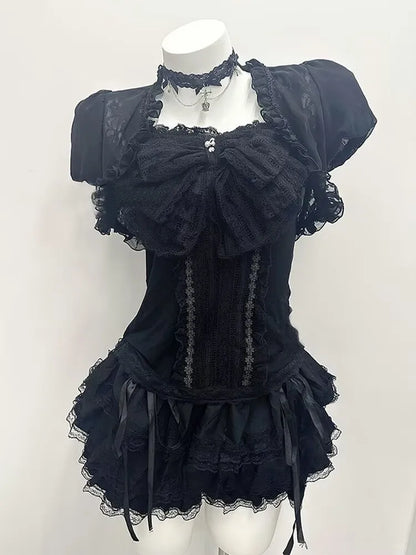 Aesthetic Gothic Lolita Black Lace 3 Piece Skirt Set Women Puff Sleeve Cardigan+Bow Cami Y2K Tops+Cake Mini Skirt Kawaii Outfit