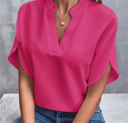 Women Elegant Solid V Neck Blouse Casual Short Sleeve Loose Shirt Summer Solid Tops Harajuku Office Ladt Chiffon Blouse 2026 New