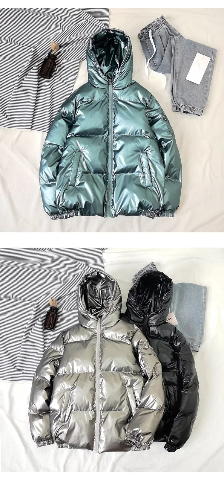 Streetwear Fashion Bright Silver Puffer Jackets for Men Thicken Winter Mens Coats Casual Hooded Cotton Wadded Heated Jacket Men