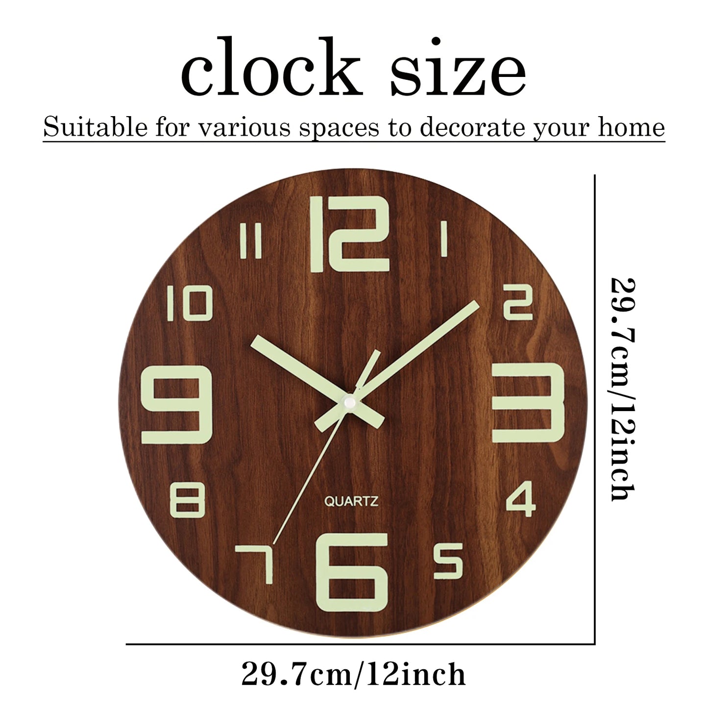 Luminous 12 Inch Silent Wall Clock - Nordic Wood Design with Night Light