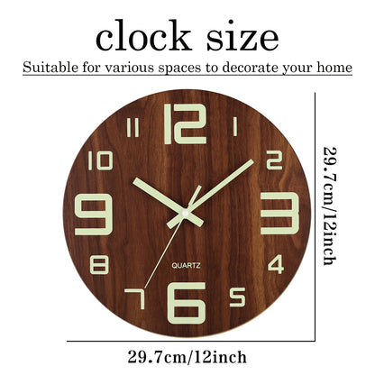 Luminous 12 Inch Silent Wall Clock - Nordic Wood Design with Night Light