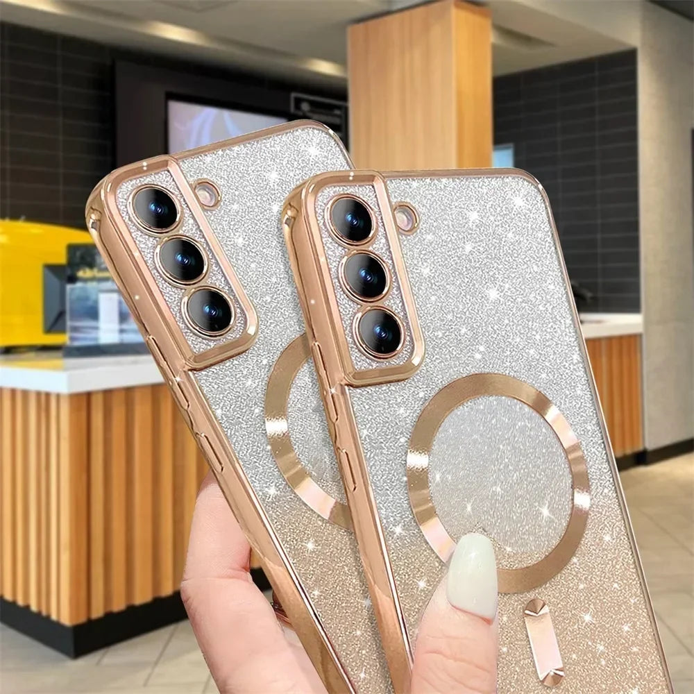 Glitter Magnetic Case For Samsung Galaxy S26 S24 Ultra S23 S22 S21 S25 Plus S20 FE A56 A55 A36 A17 Plating Wireless Bright Cover