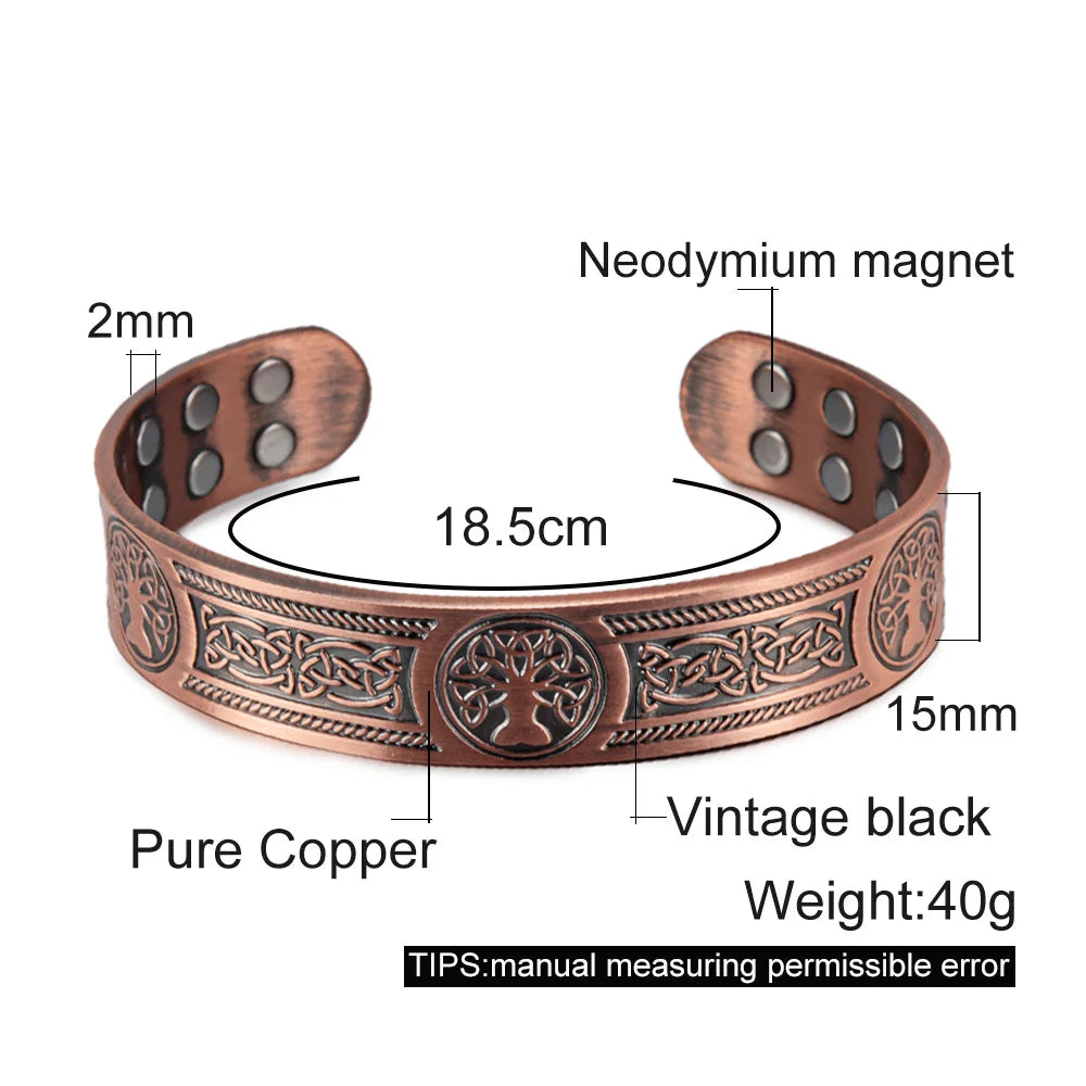 Vinterly Pure Copper Bracelets Vintage Viking Yggdrasil 15mm Adjustable Cuff Bangles Health Energy High Magnet Jewelry Resizable