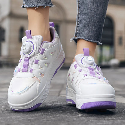 Girls Roller Skates Four-wheel Outdoor Shock-absorbing Casual Sports Shoes Soft Walking Comfortable Flat Wheel Shoes for Kids