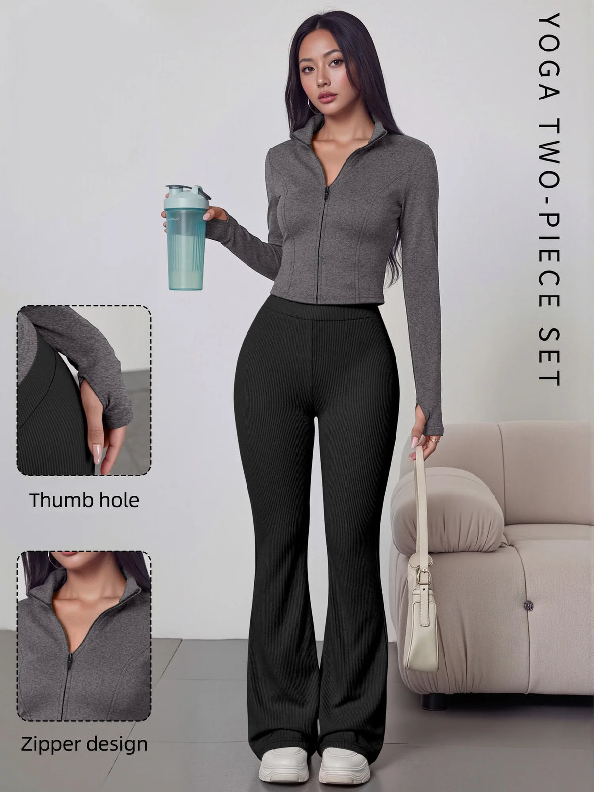 European American Women Ribbed Knit Two Piece Set, Long Sleeve Zip Top With High Waist Flare Pants, Casual Slim Daily Outfit