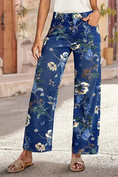 New for 2026: Women's Blue High-waisted Stretch Jeans, Vintage-style Loose-fit Wide-leg Denim Pants with A Floral Print.