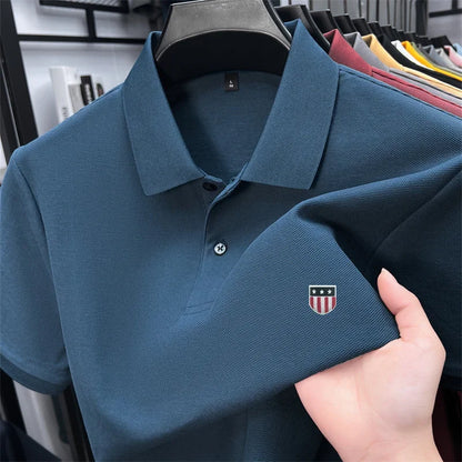 Men's Summer Luxury 100% Cotton Polo Shirt, Lapel Print Short Sleeve T-shirt, Breathable Business Casual Menswear