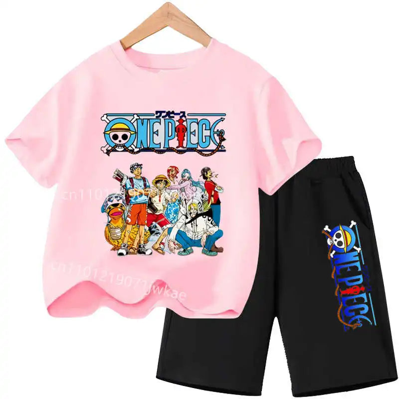 One Piece Kids Outfit Chopper Luffy Tracksuit Suit Children Summer Short Sleeve Clothes Set Anime Boy Girl T Shirt Shorts 2pcs