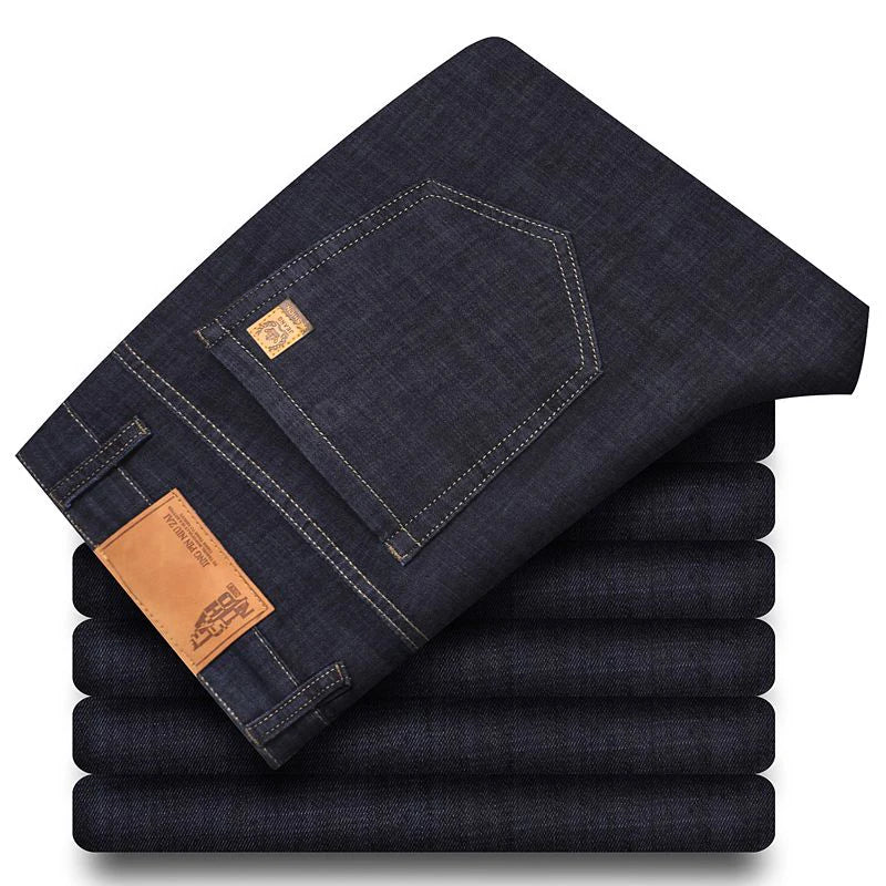 Light blue classic business jeans, fashionable breathable denim elastic pants, black blue men's straight leg jeans, sizes 28-40