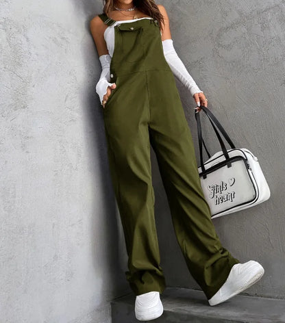Retro Pocket Solid Color Straight Leg Utility Overalls Loose Fashion Casual Pants