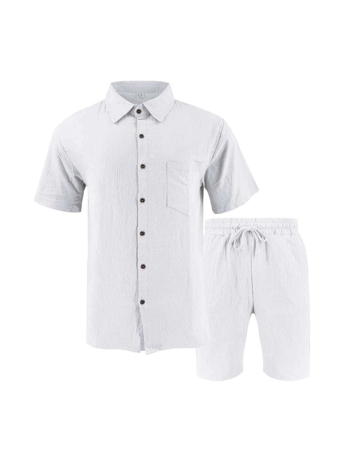 Summer Men's Solid-Color Linen Beach Suit, Lapel Button Short-Sleeved Shirt Paired With Drawstring Shorts, Casual 2-Piece Set