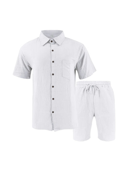 Summer Men's Solid-Color Linen Beach Suit, Lapel Button Short-Sleeved Shirt Paired With Drawstring Shorts, Casual 2-Piece Set