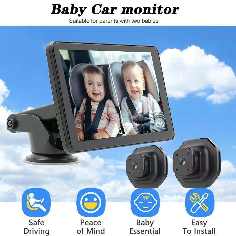 1080P dual lens car baby monitor, 3 installation methods, rear seat visible, adjustable lens, 5-inch IPS screen