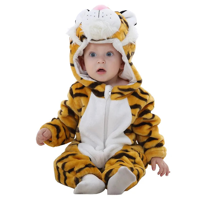 Baby Winter Rompers - Soft Polyester Hooded Jumpsuit With Animal Pattern, Machine Washable