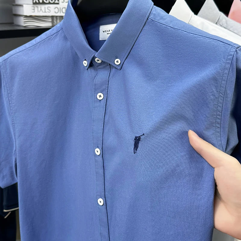 Solid Color Cotton Embroidered Small Horse Logo Shirt, Men's Short Sleeved Casual Versatile High-end Spring and Autumn Shirt