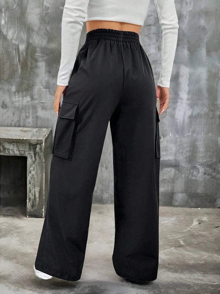 Elegant Solid High Waist Ripped Pant Fashion Women Pocket Elastic Straight Cargo Pants Casual Streetwear Sweatpant Y2K Trousers