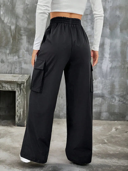 Elegant Solid High Waist Ripped Pant Fashion Women Pocket Elastic Straight Cargo Pants Casual Streetwear Sweatpant Y2K Trousers