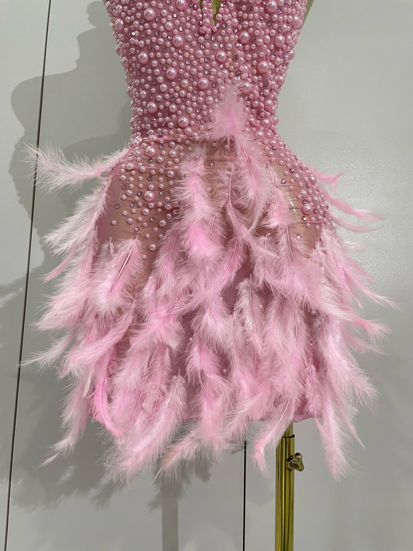 Backless Halter Dress - Women's Party Mini Sheath With Rhinestone & Feather Details