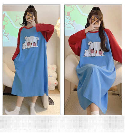 New Spring Summer Cotton Women's Pajamas Cute Long-sleeved Nightdress Cartoon Print Dress Home Service