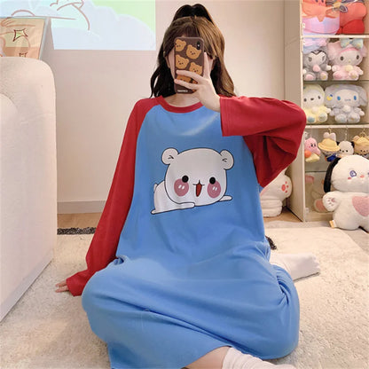 New Spring Summer Cotton Women's Pajamas Cute Long-sleeved Nightdress Cartoon Print Dress Home Service