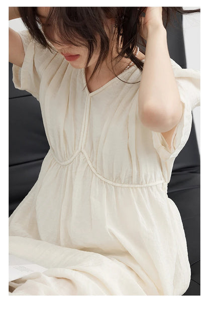 Vintage Puff Sleeve Dress - French Style Black Ankle Length Women Summer Casual Wear