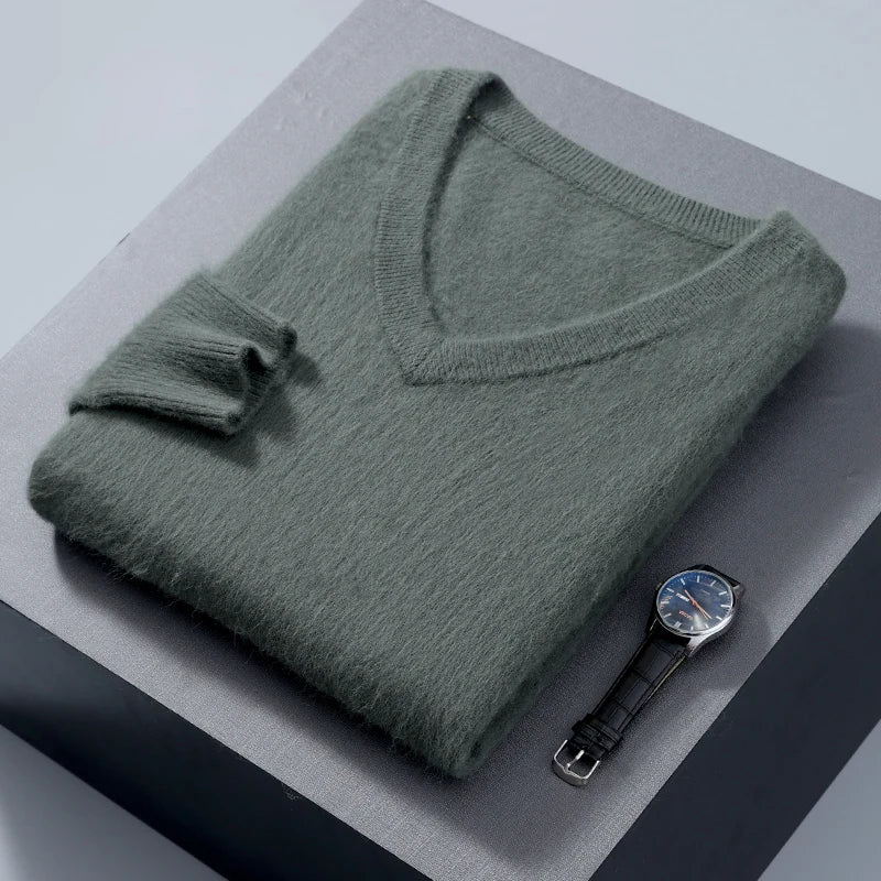 Men's 100% Pure Mink Cashmere Sweater V-neck Pullover Knit Bottoming Shirt Autumn And Winter New Long-Sleeve High-End Mink Tops