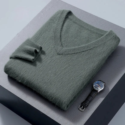 Men's 100% Pure Mink Cashmere Sweater V-neck Pullover Knit Bottoming Shirt Autumn And Winter New Long-Sleeve High-End Mink Tops