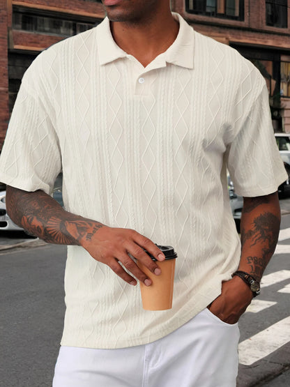Men's Beige Argyle Texture Short Sleeve Polo Shirt Summer Loose Smart Casual Top