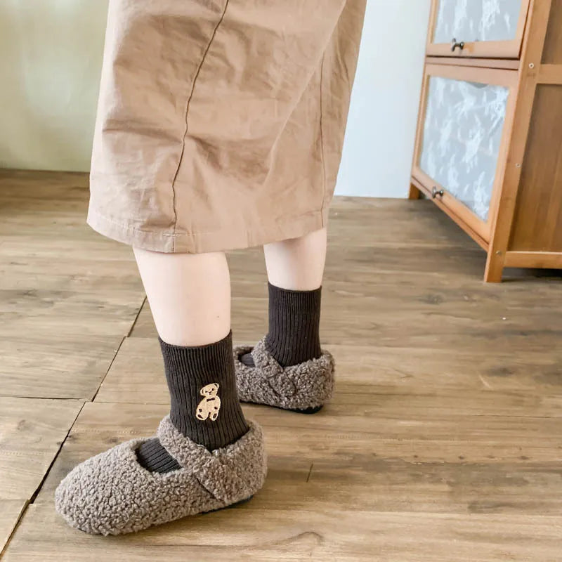 1 Pairs Cotton Kids Socks Korean Retro Style Bear Embroidery Girls Boy Toddler Knitted Socks Warmth Tube Socks For 1-9 Year