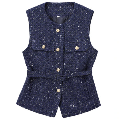 HXAO Women's Vest Summer 2025 Blue Off White Black Vest Textured Waistcoat Woman Button Sleeveless Vest Women Fashion Outerwears