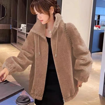 Women Winter Coat - Warm Double Coral Fleece Zipper Closure Jacket With Stand Collar