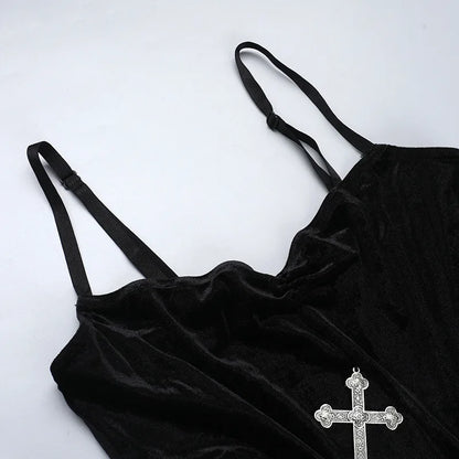 Goth Dark Punk Grunge High Split Hem Straps Dess 90s Streetwear Gown Women Sexy Corn Bandage Velvet Dresses Mall Gothic Clothing